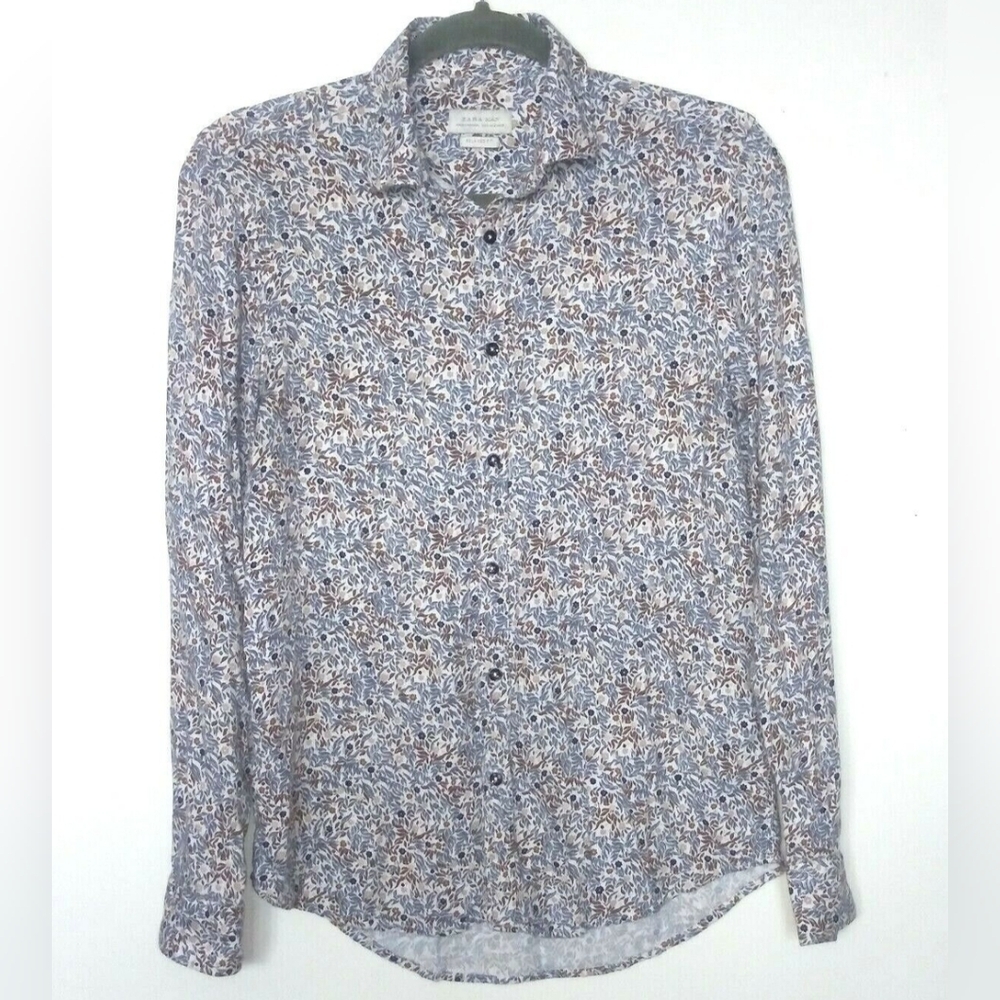 Zara Button Down Floral Business Casual Shirt, Blue / Brown